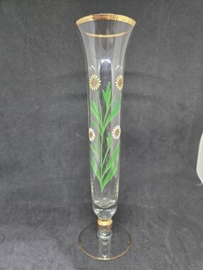 Vtg Hand Blown Enamel Painted Daisy Flower Glass Bud Vase
